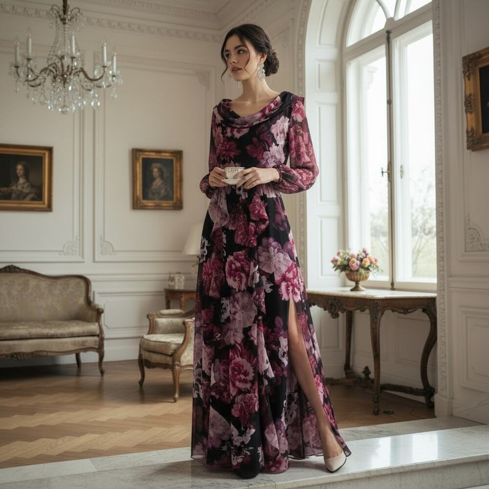X by Xscape Size 8 Purple Floral Long Sleeve Maxi Gown w/ Front Slit – NWT